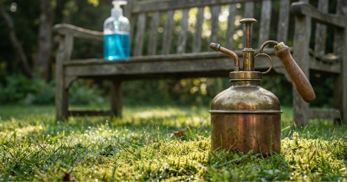 A garden sprayer and blue dish soap on a mossy green lawn in the morning sun.