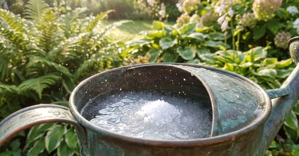 Stop Throwing Bath Salts at Your Tomatoes: The Grumpy Truth About Epsom Salt in the Garden 4 Dissolving Epsom salt crystals in a watering can for garden use.