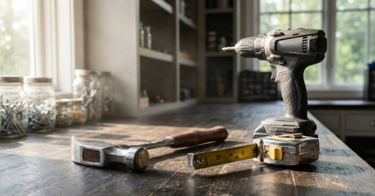 A collection of essential tools for new homeowners including a drill, hammer, and tape measure on a workbench.