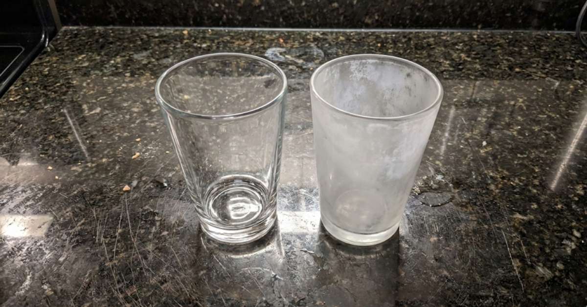 Comparison of a clear glass and an etched cloudy glass.