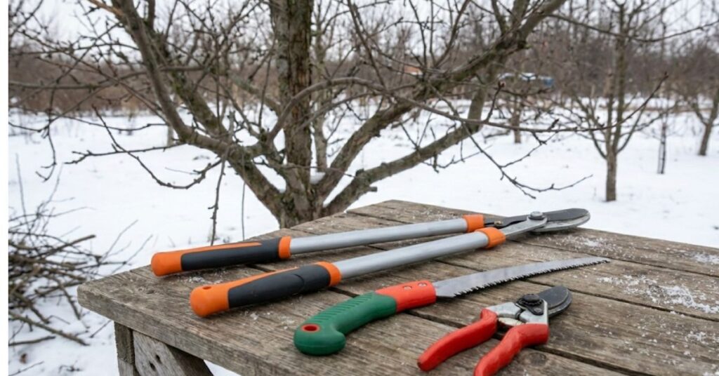 Stop Guessing and Start Clipping: The Grumpy Guide to February Fruit Tree Pruning 2 A close up of bypass pruners cutting a dormant apple tree branch in winter.