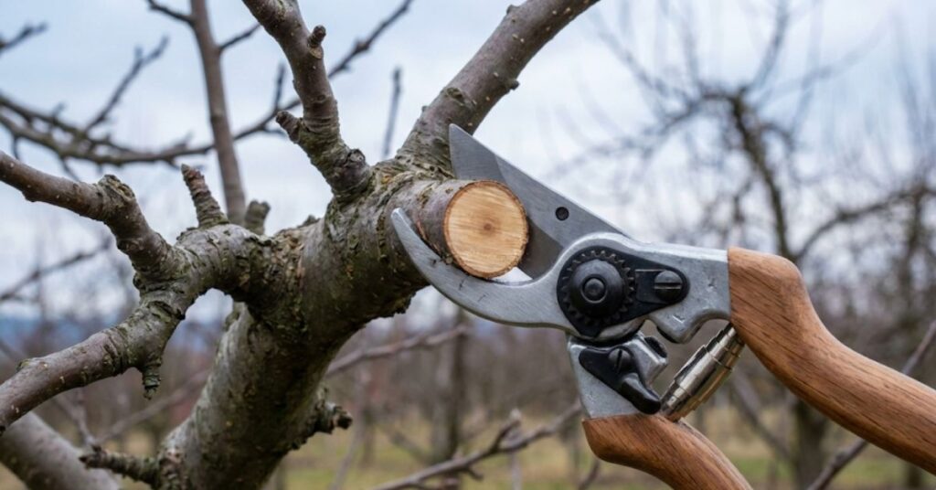 Stop Guessing and Start Clipping: The Grumpy Guide to February Fruit Tree Pruning 3 -A close up of bypass pruners cutting a dormant apple tree branch in winter.