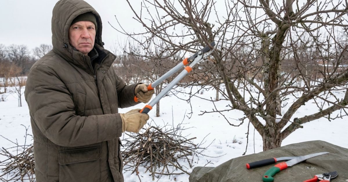 A close up of bypass pruners cutting a dormant apple tree branch in winter.