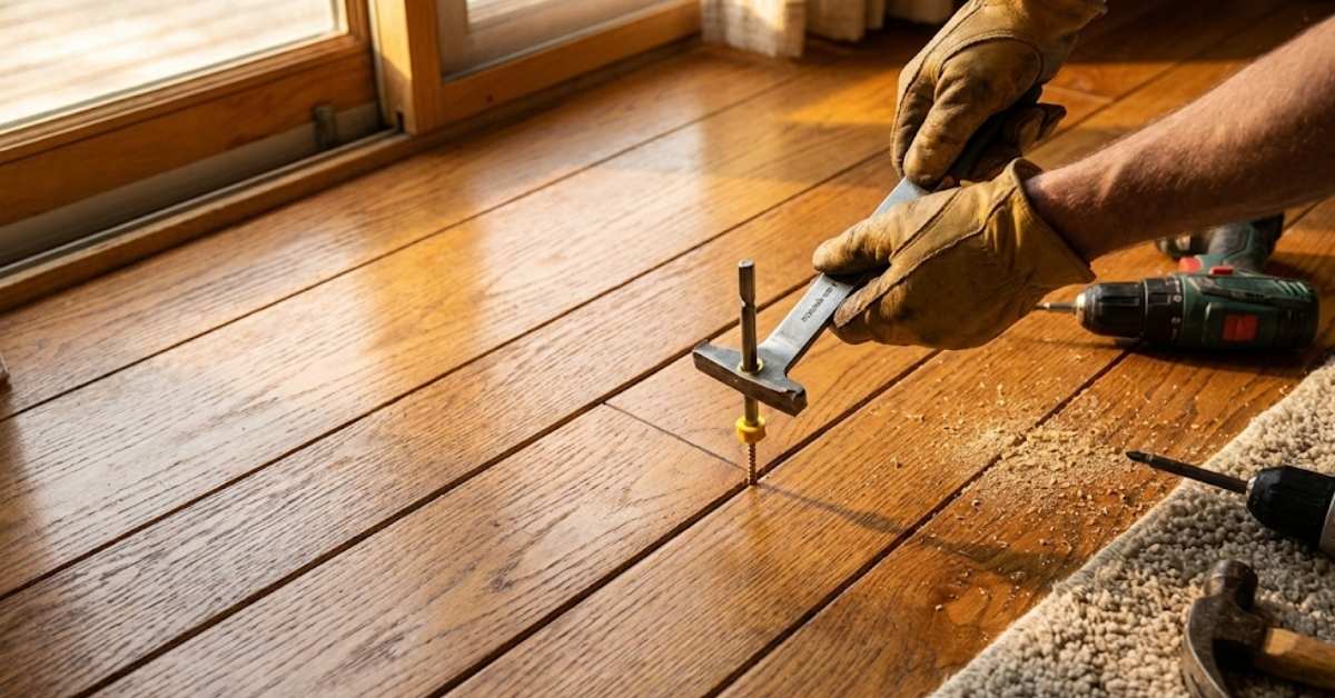 A DIY repair of a squeaky hardwood floor using a breakaway screw kit.