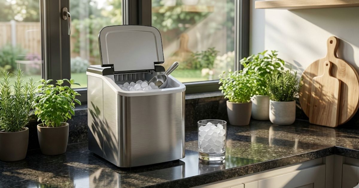 A modern countertop nugget ice maker with fresh pebble ice in a glass