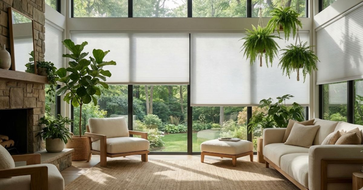 Energy-efficient smart cellular shades in a modern living room 2026.