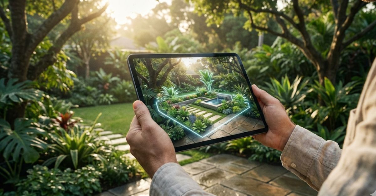 A person using AI garden assistant software on a tablet in a lush backyard 2026.