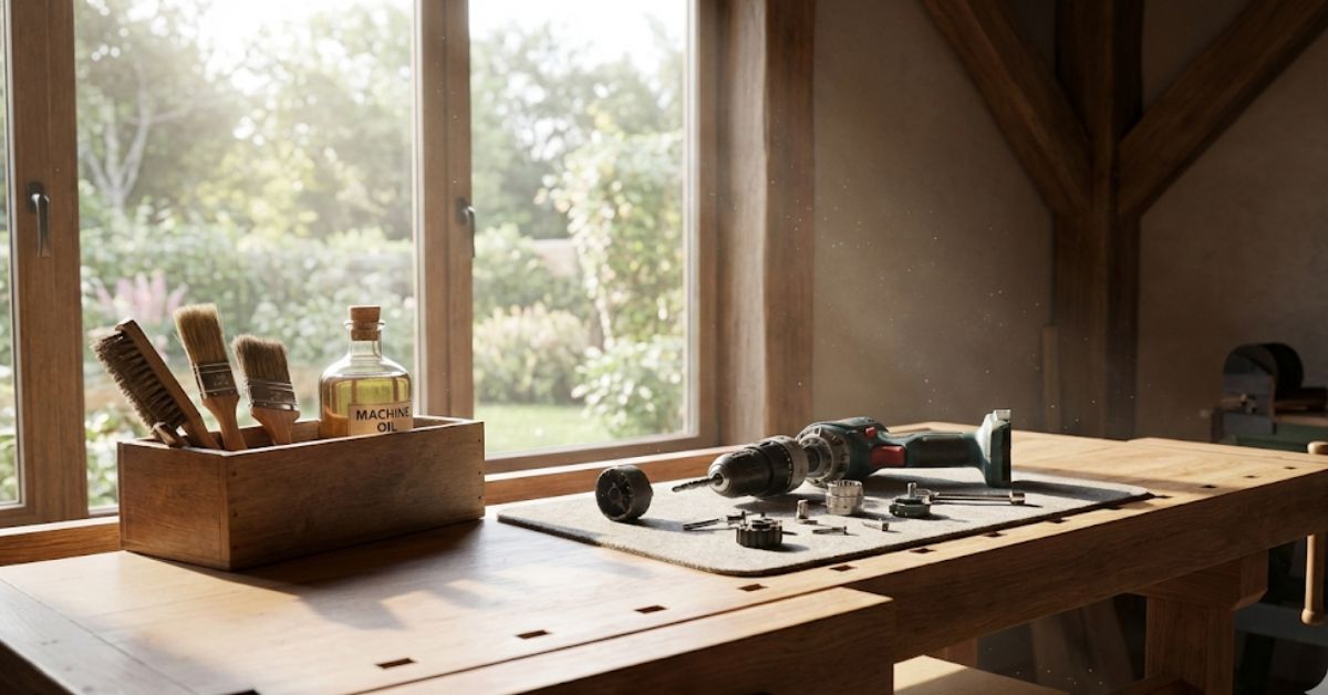 A clean power tool maintenance setup in a home workshop 2026.