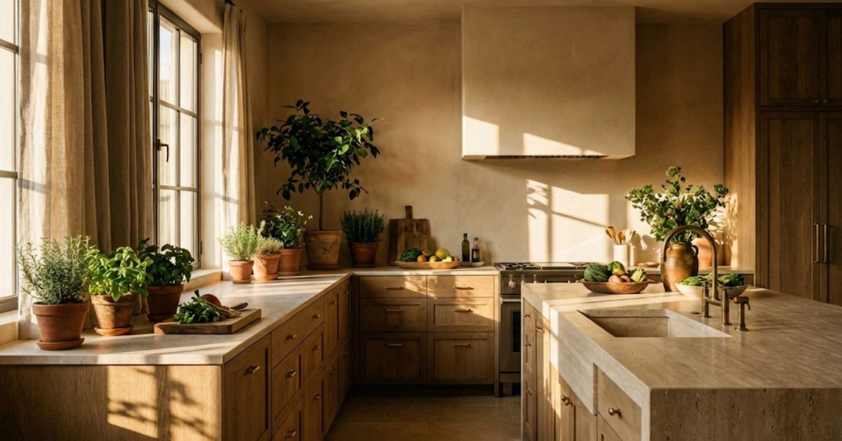 A modern Tuscan kitchen with warm neutral tones and natural stone.