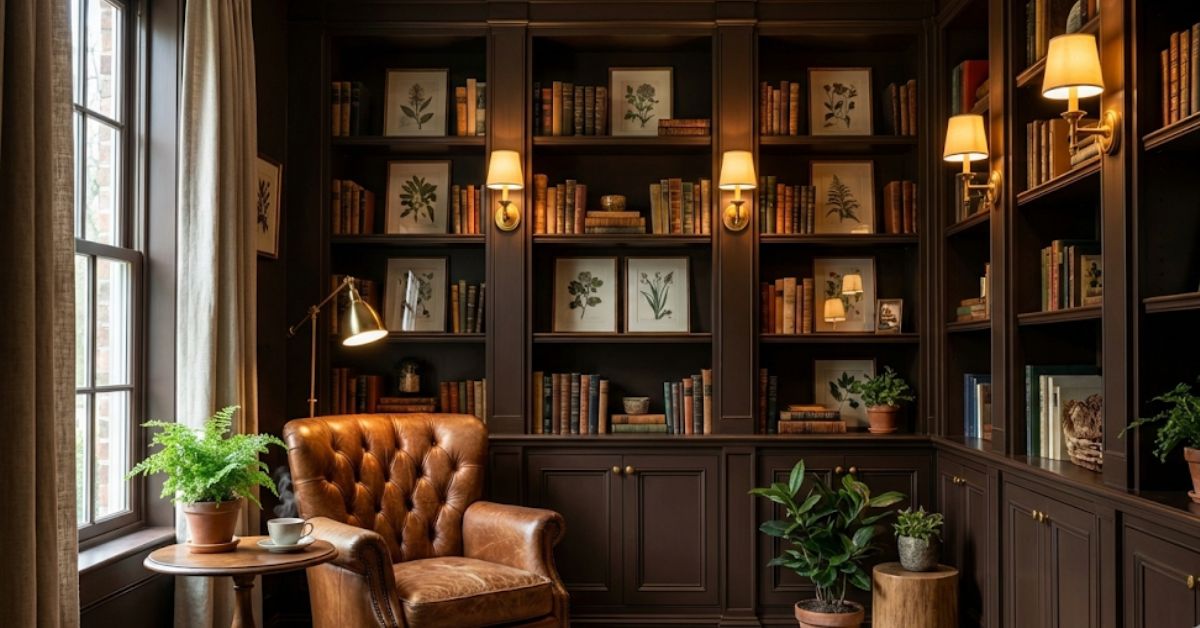 A cozy home library with dark chocolate brown walls and warm lighting.