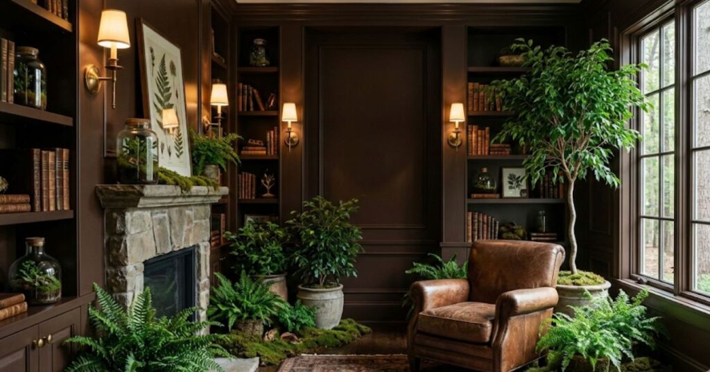 Why Everyone is Obsessed with Chocolate Brown Libraries (And Why I Actually Like It) 2 A cozy home library with dark chocolate brown walls and warm lighting.