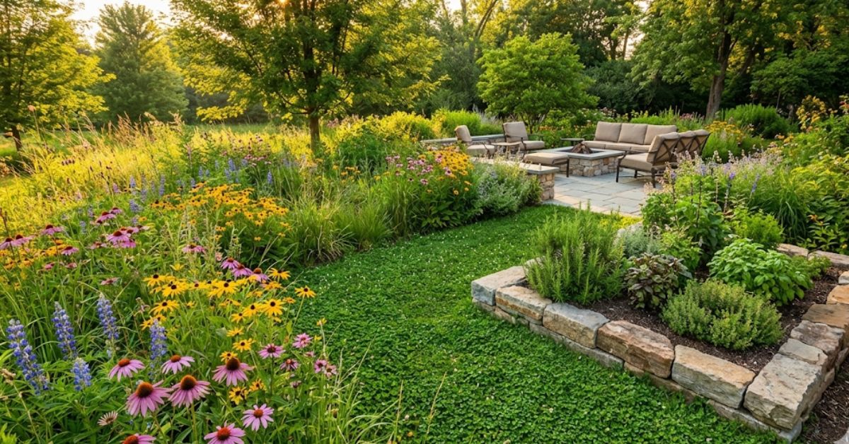 A modern 2026 garden design featuring native plants and a clover lawn.
