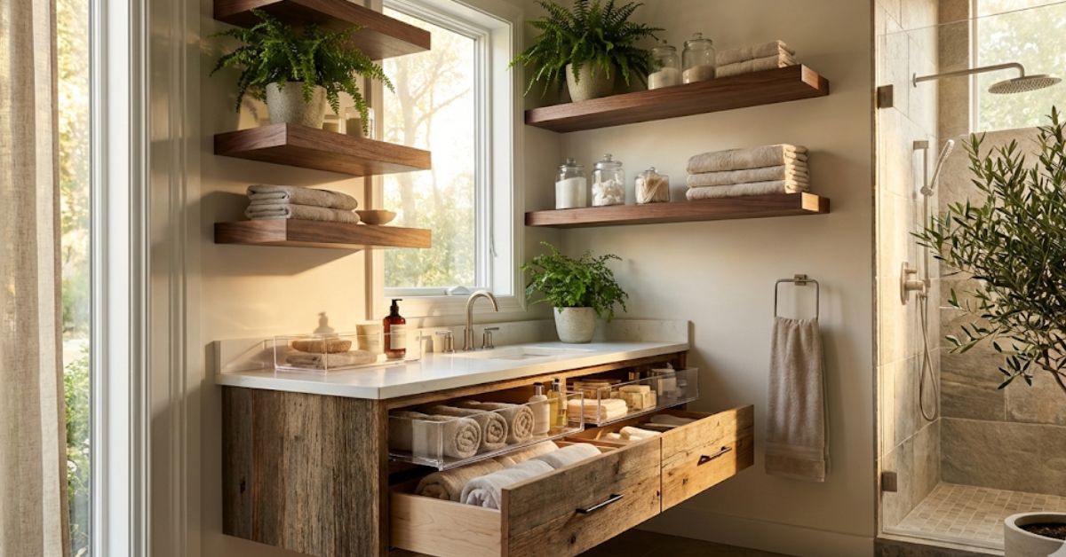 A well-organized small bathroom with floating shelves and clear under-sink bins