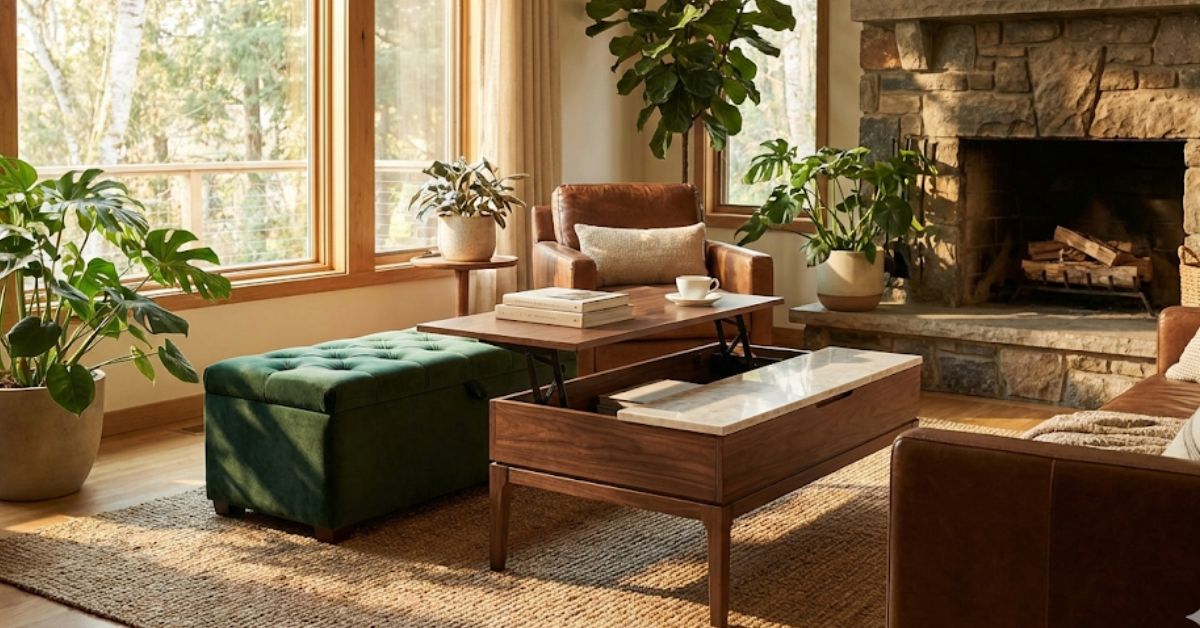 A modern living room with hidden storage furniture like a lift-top coffee table.