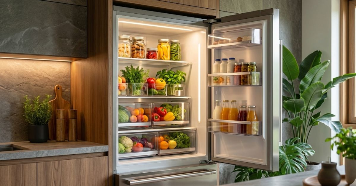 A professionally organized refrigerator with clear bins and fresh food 2026.