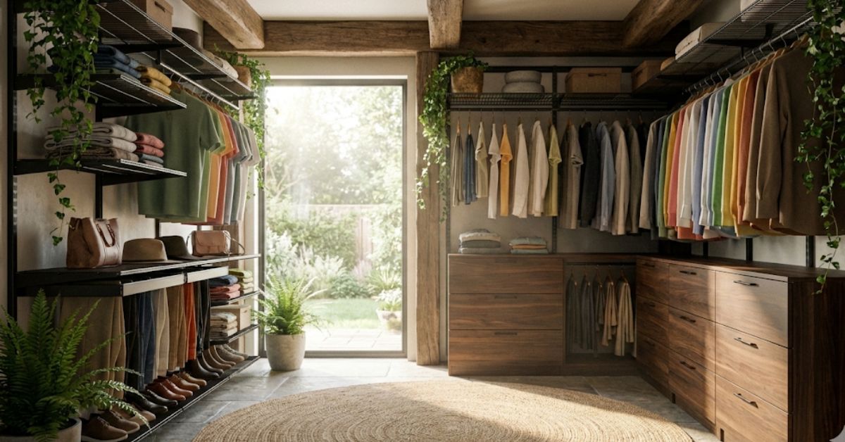 A perfectly organized walk-in closet with adjustable shelving in 2026.