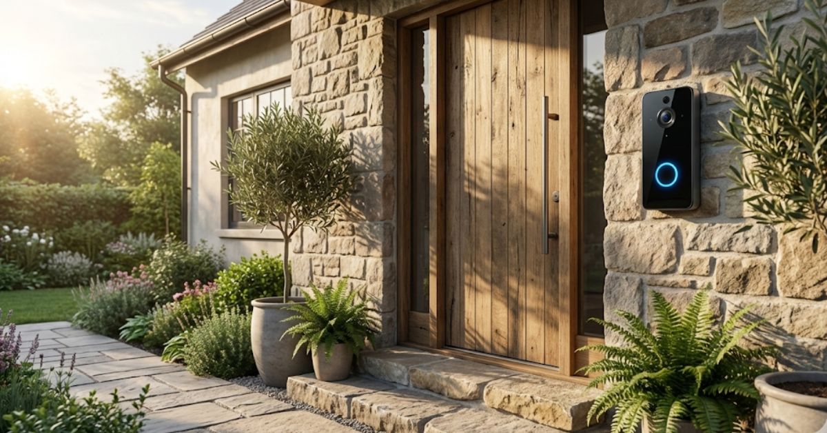 A modern smart doorbell with no subscription installed on a stone wall.