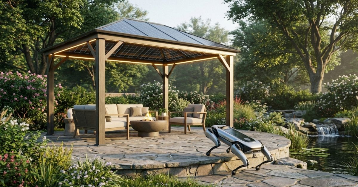 Money-saving smart home gadgets from CES 2026 in a backyard setting.