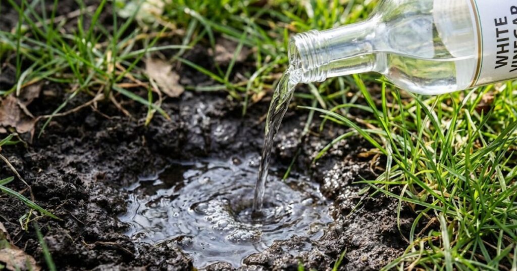 Why Your Lawn Looks Like a Minefield (And the Honest Truth About Vinegar) 2 Pouring white vinegar into a mole hole in the garden.