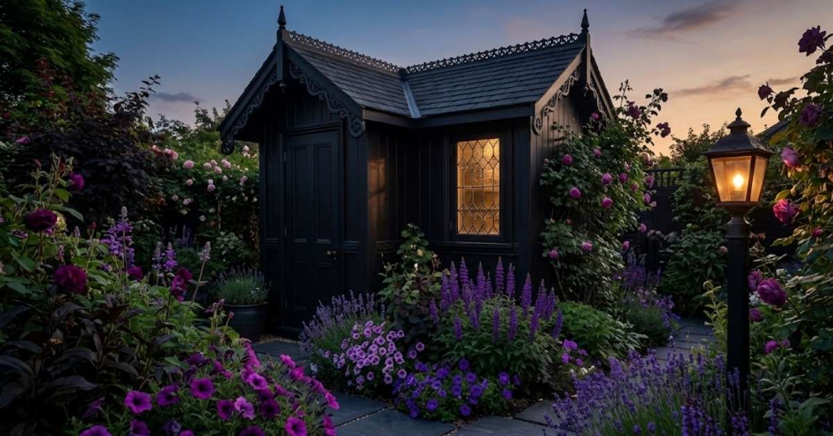 A luxurious goth garden sanctuary featuring a charcoal-painted shed and deep purple hellebores.