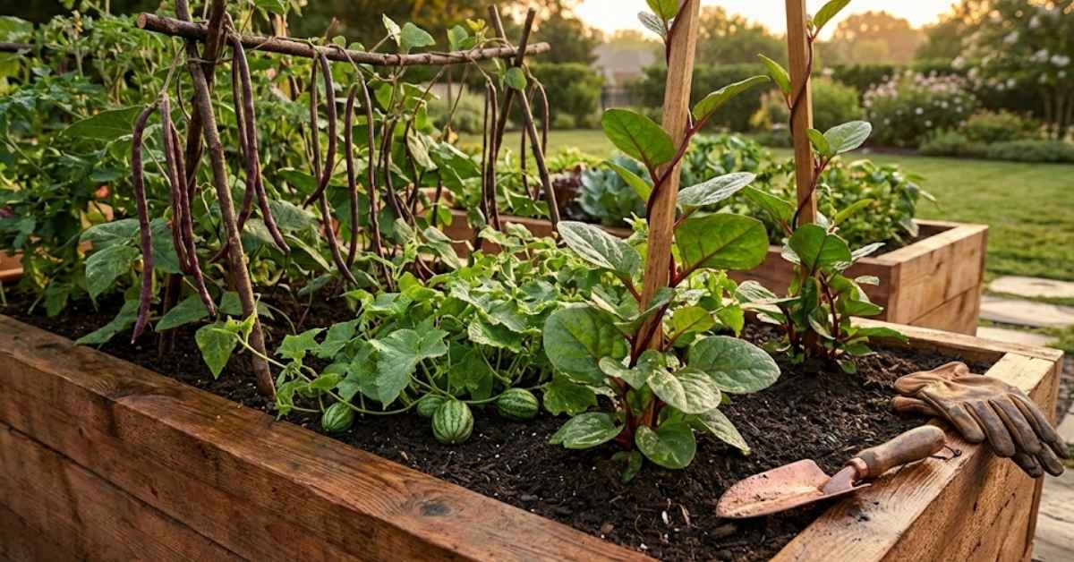 A lush, 2026 trending backyard garden featuring raised beds with exotic Malabar spinach and yardlong beans at sunset.