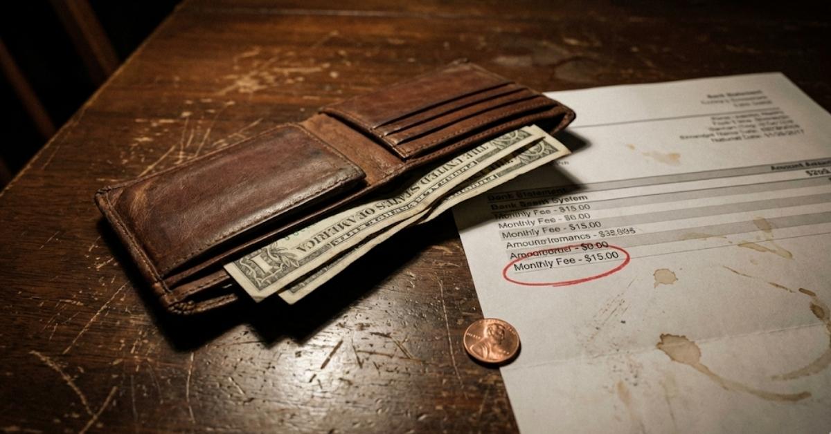 A worn wallet and bank statement showing a monthly fee.