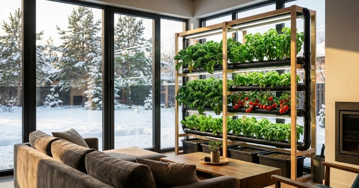 A DIY vertical hydroponic system growing fresh vegetables inside a modern home during winter.