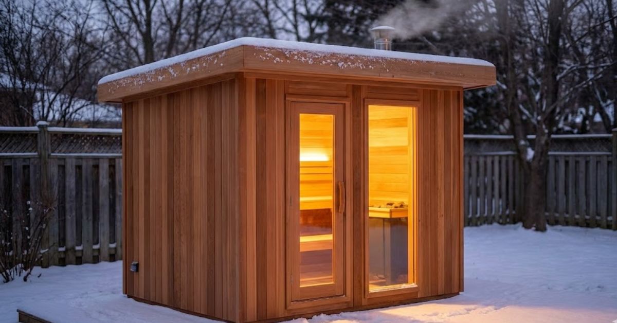 A luxury outdoor cedar sauna in a winter backyard landscape.