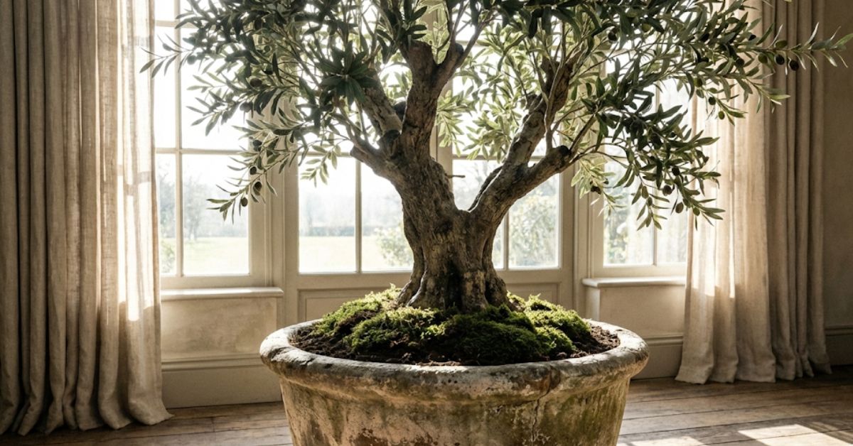 A realistic artificial olive tree styled with real soil and moss in a stone pot.