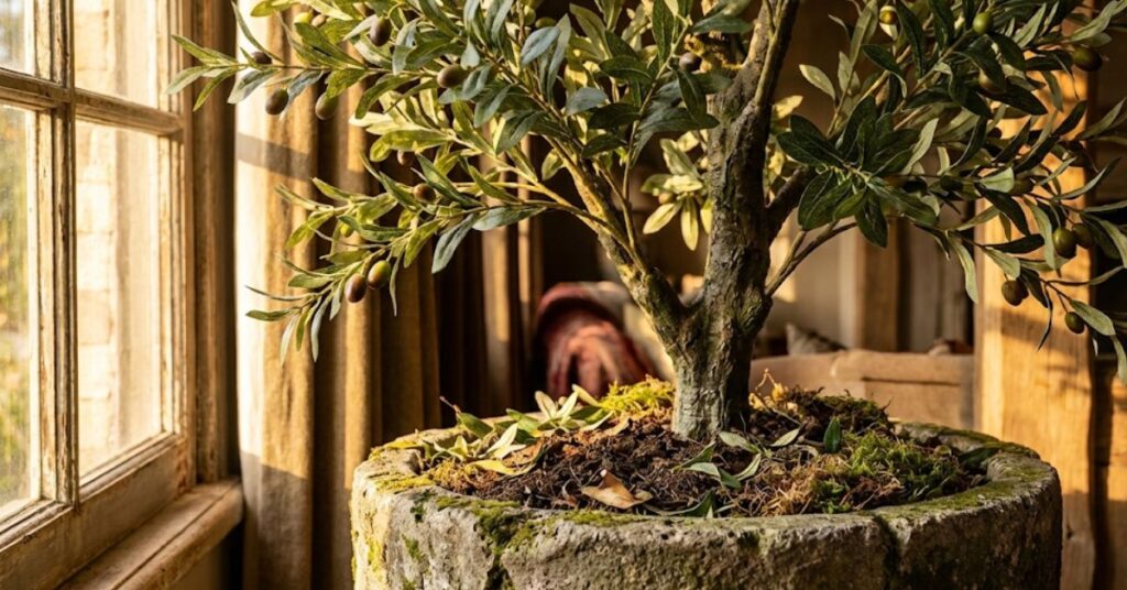 Stop Living in a Plastic Jungle: How to Style Fake Plants So They Look 100% Real 2 A realistic artificial olive tree styled with real soil and moss in a stone pot.