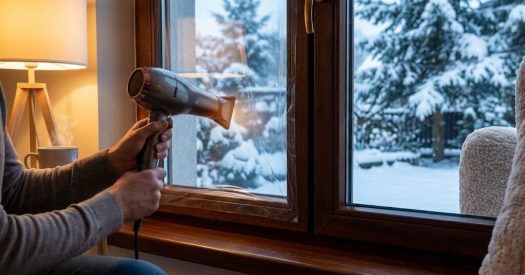Stop Burning Cash: The Grumpy Guide to DIY Window Insulation Hacks That Actually Work 2 Person using a hair dryer to apply window insulation film.