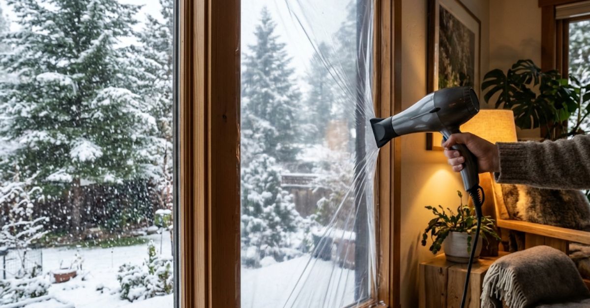 Person using a hair dryer to apply window insulation film.