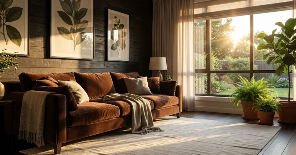 Stop Hating Your Beige Walls: Why Chestnut is the 2026 Boss and How to Use It 2 Modern living room featuring 2026 chestnut home decor trends with velvet and wood.