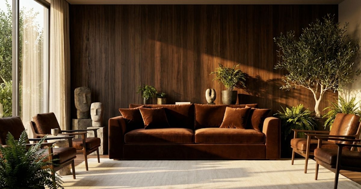 Modern living room featuring 2026 chestnut home decor trends with velvet and wood.