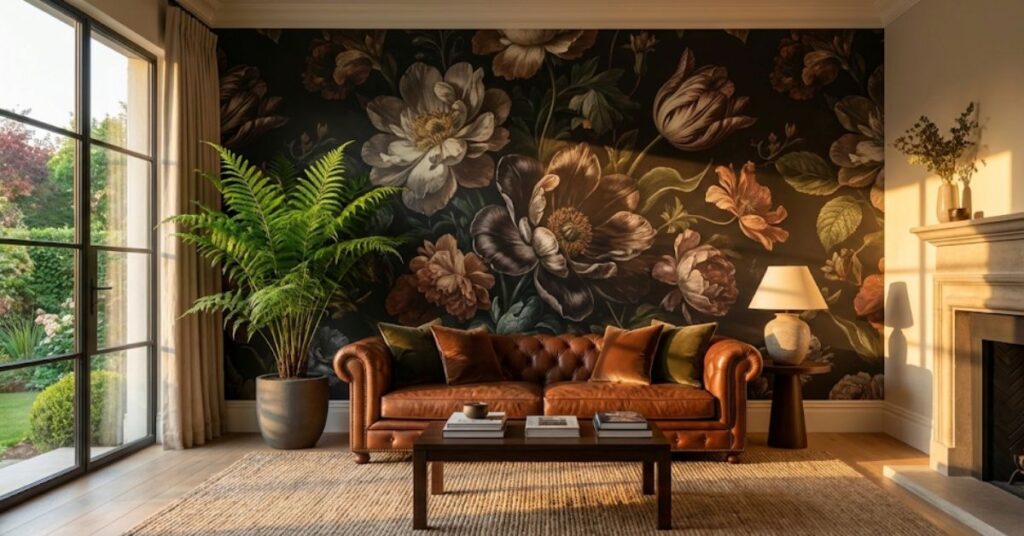 Stop Living in a Hospital Ward: 7 Maximalist Wallpaper Trends That Won't Make Your Eyes Bleed 2 Modern living room with dark floral maximalist wallpaper and chestnut leather furniture.