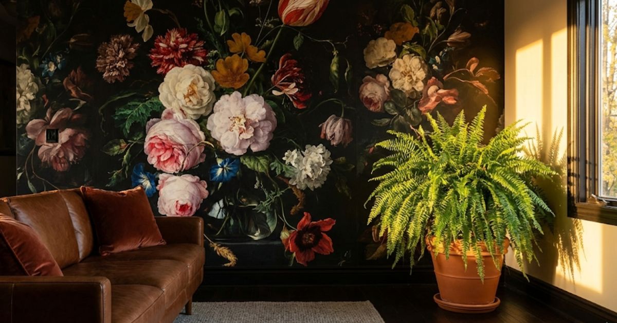 Modern living room with dark floral maximalist wallpaper and chestnut leather furniture.