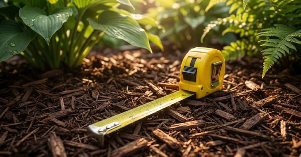 Stop Buying Too Much: The Honest Mulch Calculator Guide (And Why You Always Short Yourself) 2 A yellow tape measure lying on fresh dark hardwood mulch in a garden bed.