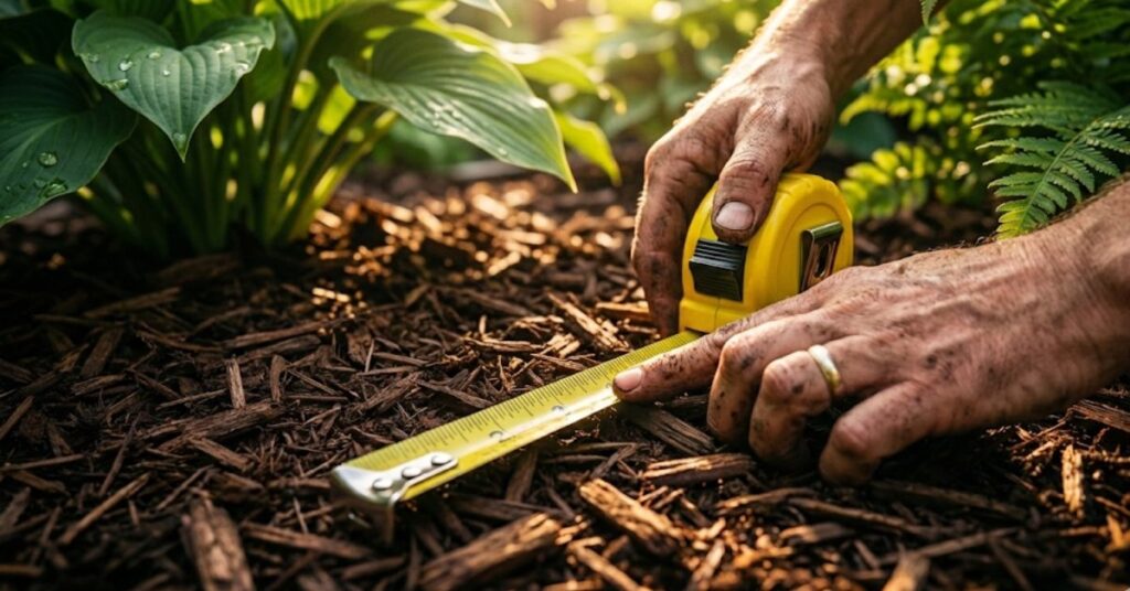 Stop Buying Too Much: The Honest Mulch Calculator Guide (And Why You Always Short Yourself) 3 A yellow tape measure lying on fresh dark hardwood mulch in a garden bed.