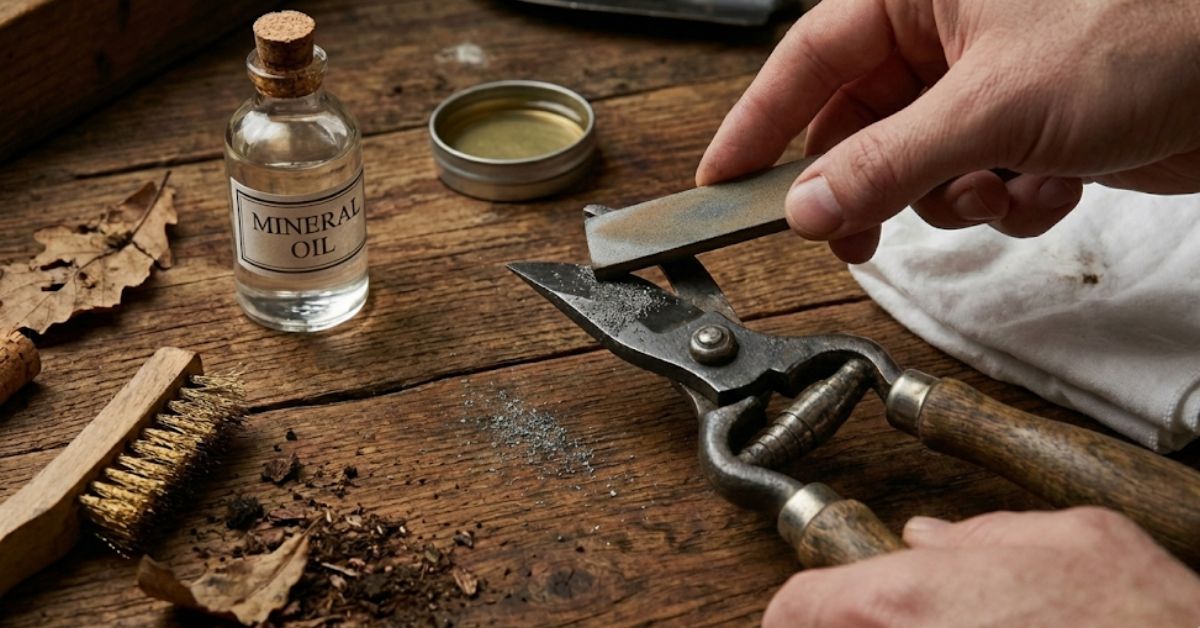 A person cleaning rust and sap off garden shears on a wooden workbench.
