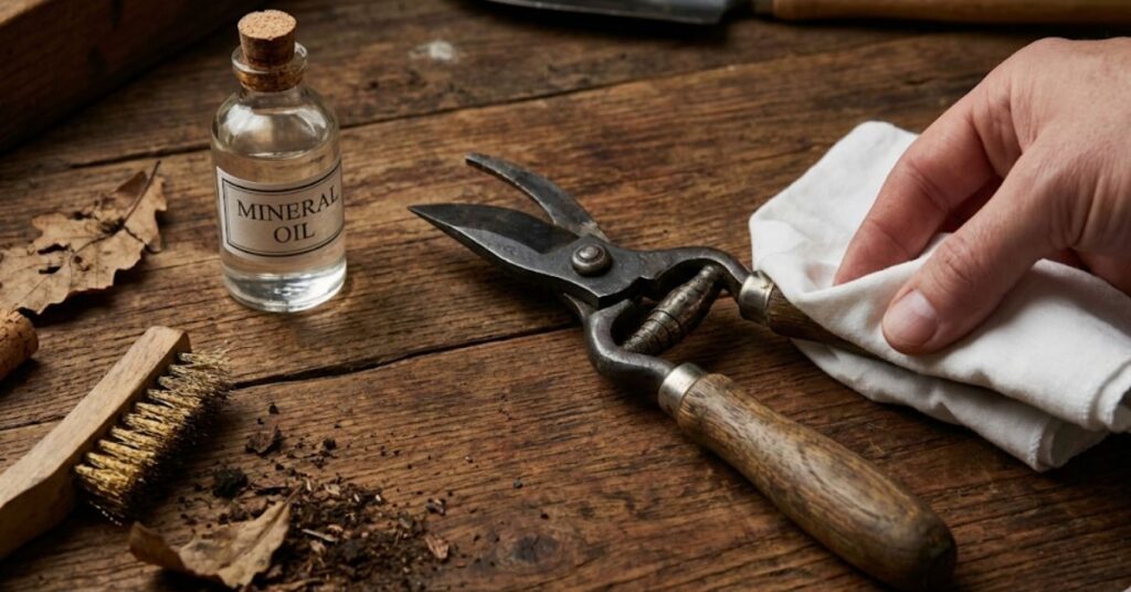 Don’t Be That Neighbor: The Grumpy Guide to Clean Garden Tools and Rust Prevention 2 A person cleaning rust and sap off garden shears on a wooden workbench.
