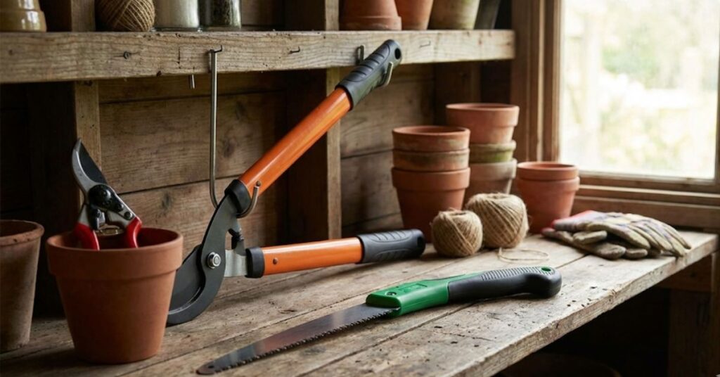 Don’t Be That Neighbor: The Grumpy Guide to Clean Garden Tools and Rust Prevention 3 A person cleaning rust and sap off garden shears on a wooden workbench.
