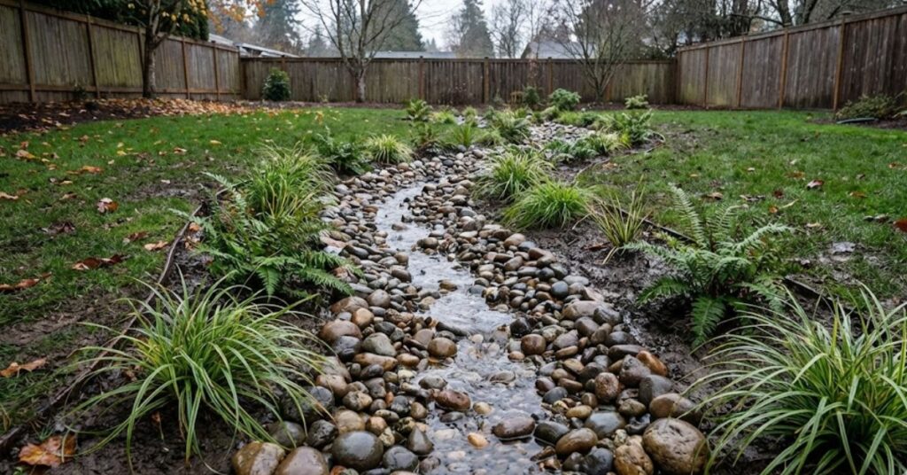 The Mud-Muckers’ Guide to Fixing Your Soggy Yard Without Losing Your Mind 2 A person in boots measuring a drainage trench in a muddy backyard.