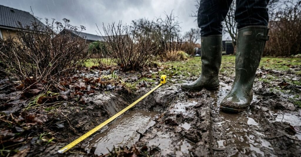 The Mud-Muckers’ Guide to Fixing Your Soggy Yard Without Losing Your Mind 3 A person in boots measuring a drainage trench in a muddy backyard.