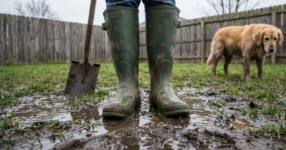 A person in boots measuring a drainage trench in a muddy backyard.