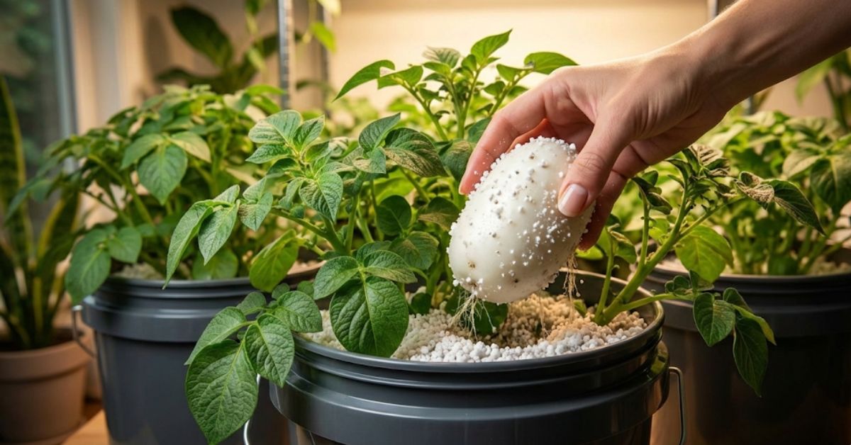 A successful harvest of a white potato from a hydroponic perlite-filled bucket system.