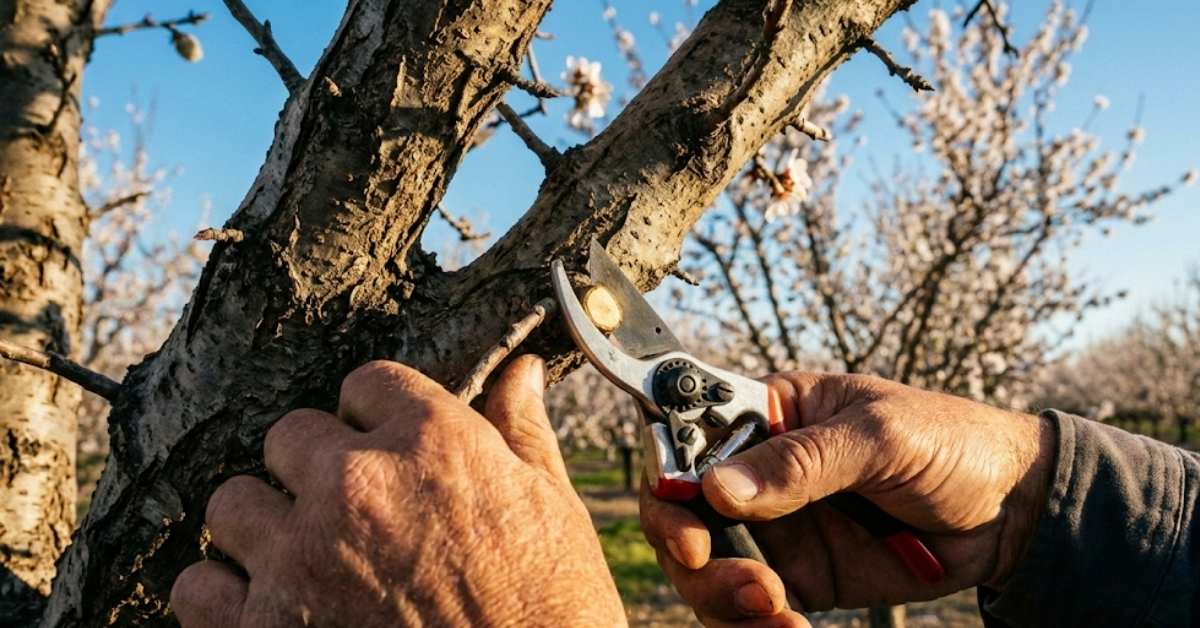 Professional gardener pruning an almond tree in winter dormancy for better harvest.