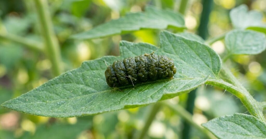 Why Your Tomatoes Are Vanishing Overnight (And the Honest Truth About Hornworms) 2 Large green and black tomato hornworm droppings on a leaf.