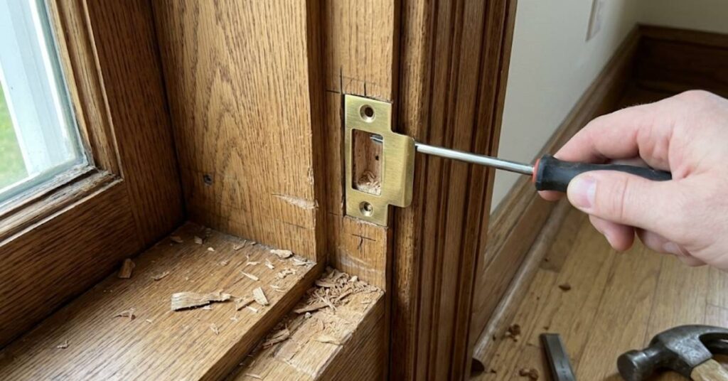 Image showing a close-up of a chiseled door frame and a strike plate being adjusted