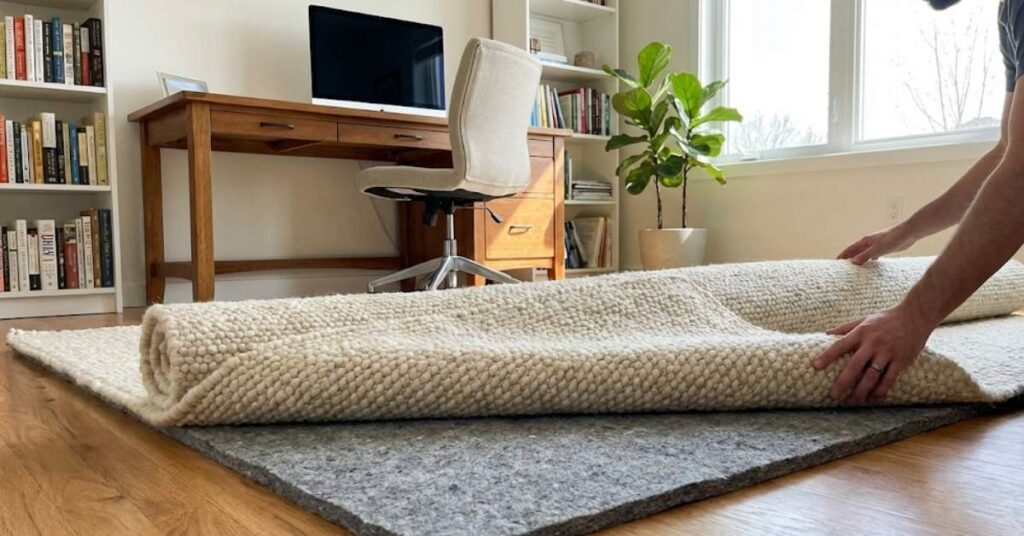Stop Letting the Neighbors Ruin Your Zoom Calls: 3 Budget-Friendly Ways to Soundproof Your Home Office 7 Image showing a thick rug with a felt pad being laid down in a home office