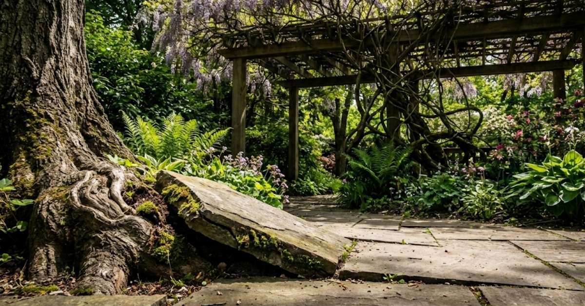 Massive tree roots cracking a luxury stone patio pavers near a wooden pergola.